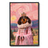 Queen Sausage Dog Art Print, framed, depicting a regal dachshund in a pink royal gown and crown, against a vibrant Van Gogh-style landscape.