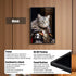 Black framed king size cat painting of a cat in armor, featuring HD UV printing, a clear acrylic front panel, and a versatile backboard stand for wall mounting or tabletop display.
