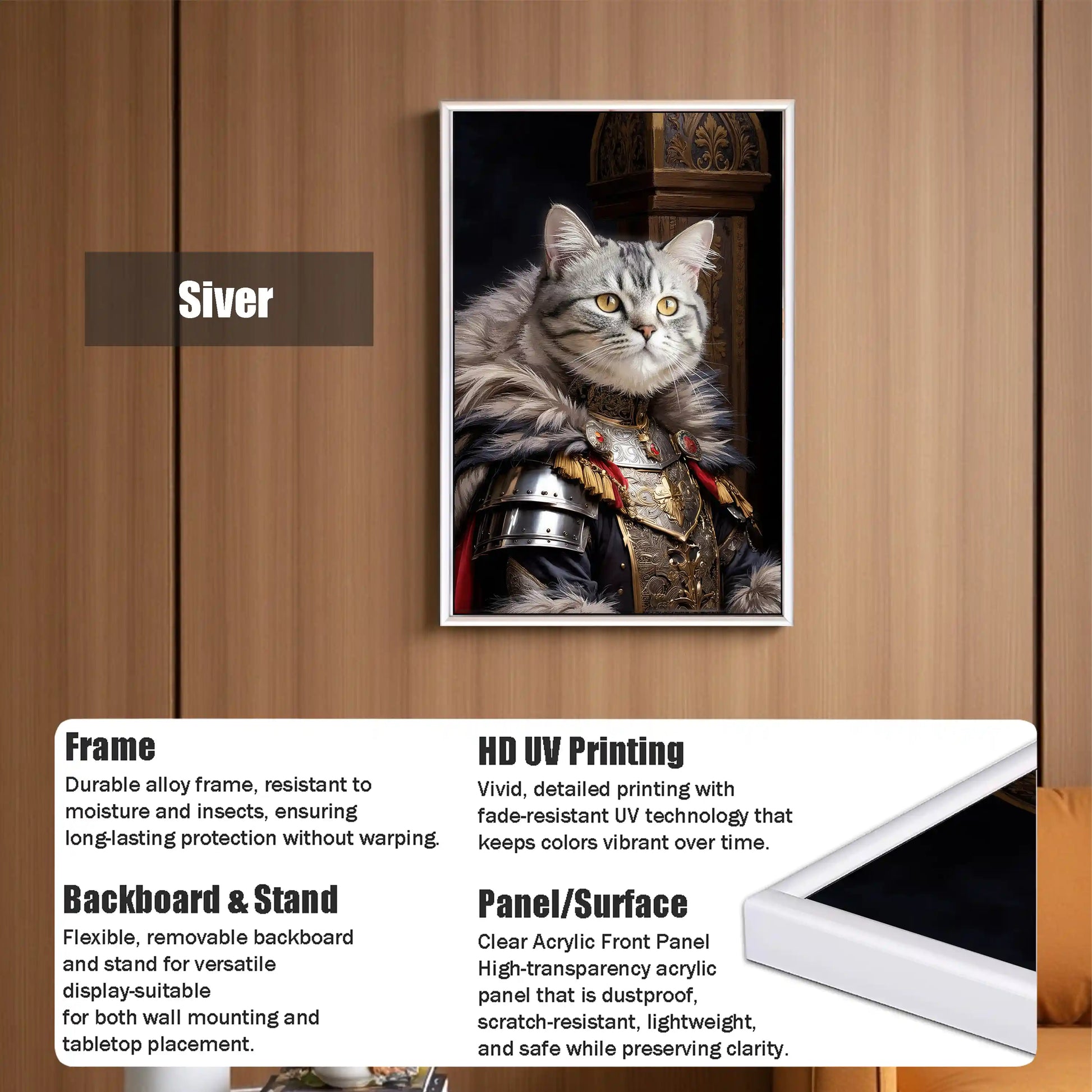 Framed Cat with Royal Armor wall art, featuring vivid HD UV printing, clear acrylic panel, durable alloy frame, and versatile wall or tabletop display.