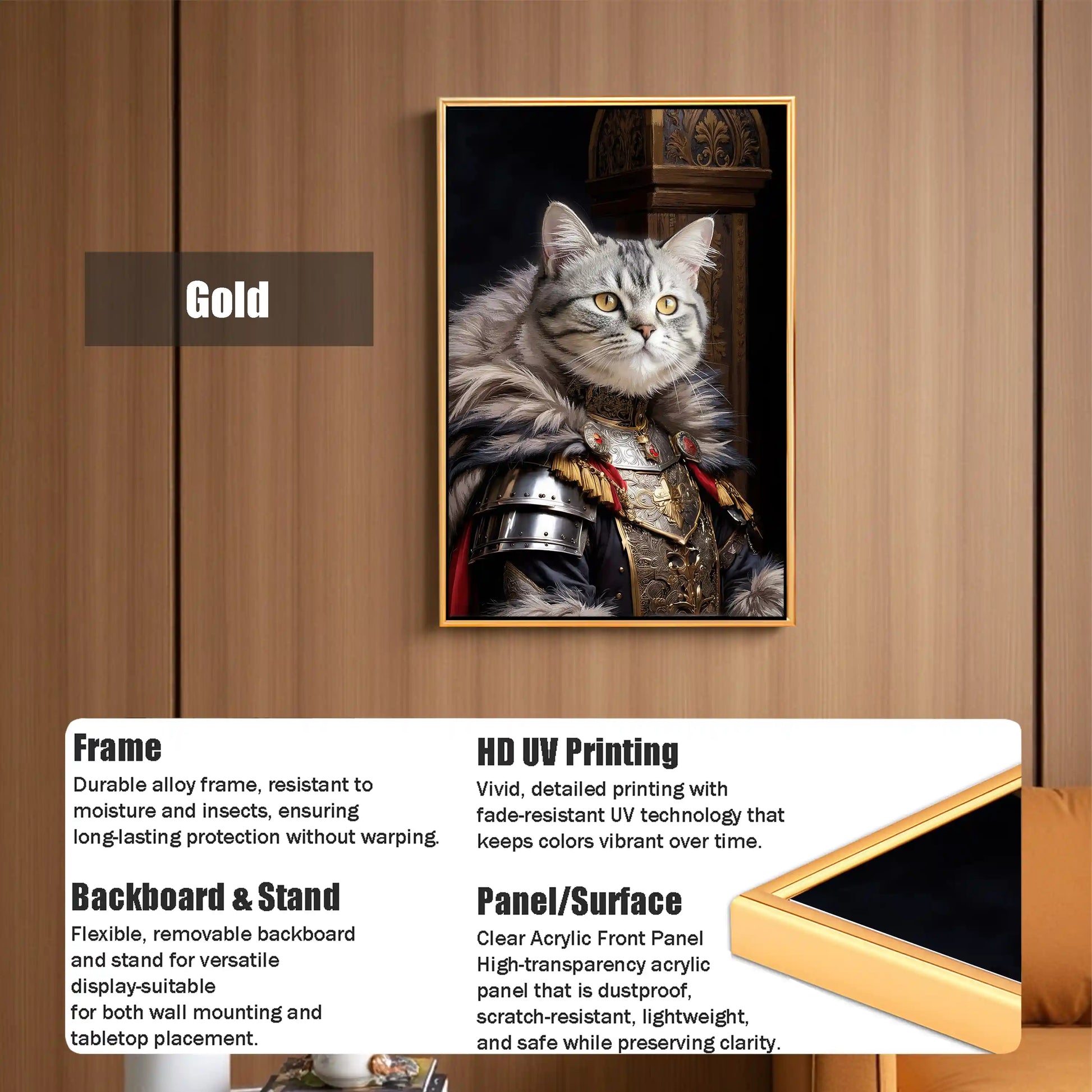 Gold framed art print of a cat in medieval armor, featuring HD UV printing, durable alloy frame, acrylic front panel, and versatile wall/tabletop display.