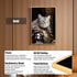 Gold framed art print of a cat in medieval armor, featuring HD UV printing, durable alloy frame, acrylic front panel, and versatile wall/tabletop display.