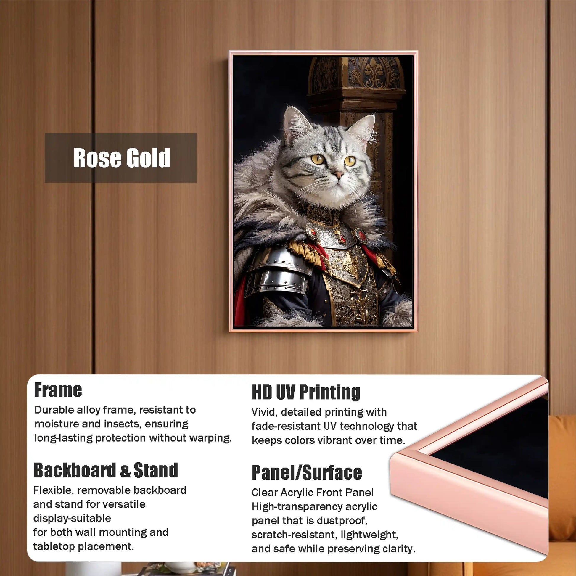 Rose Gold framed Renaissance King Cat pet portrait with durable alloy frame, clear acrylic panel, and HD UV printing, suitable for wall or tabletop display.