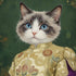 Ragdoll cat portrait with striking blue eyes, wearing an ornate golden imperial suit against a green background.