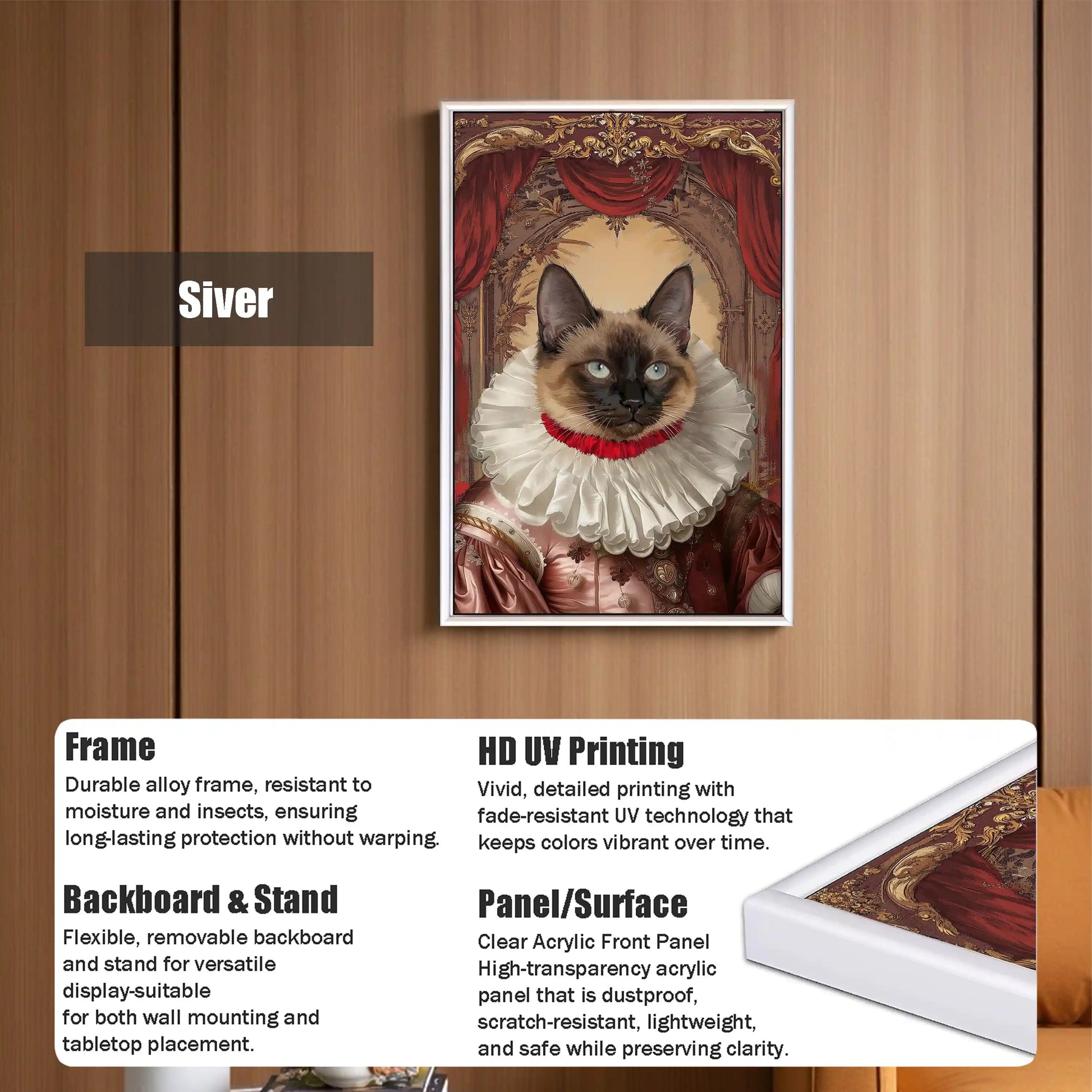 Framed Siamese cat renaissance portrait wall art, HD UV printed with clear acrylic panel and durable alloy frame.