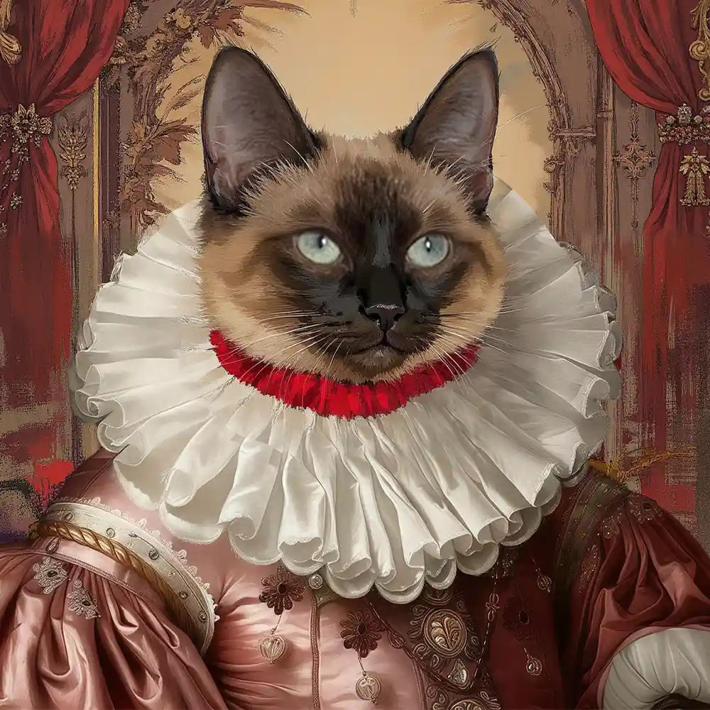 Siamese cat royal portrait in Renaissance attire, featuring a white ruff collar, red trim, and ornate pink and red gown.