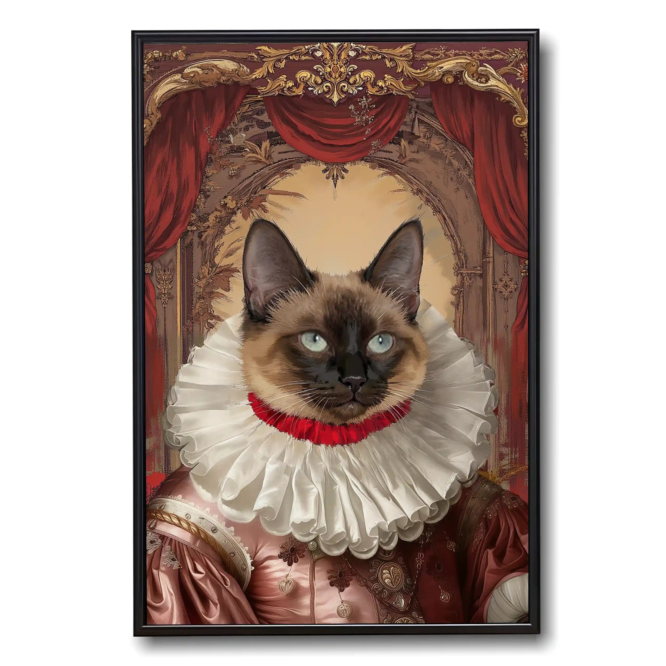 Custom regal Siamese cat portrait painting, renaissance style, with a white ruff collar, blue eyes, and ornate red and gold background, in a black frame.