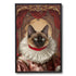 Custom regal Siamese cat portrait painting, renaissance style, with a white ruff collar, blue eyes, and ornate red and gold background, in a black frame.