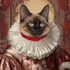 Siamese cat royal portrait in Renaissance attire, featuring a white ruff collar, red trim, and ornate pink and red gown.