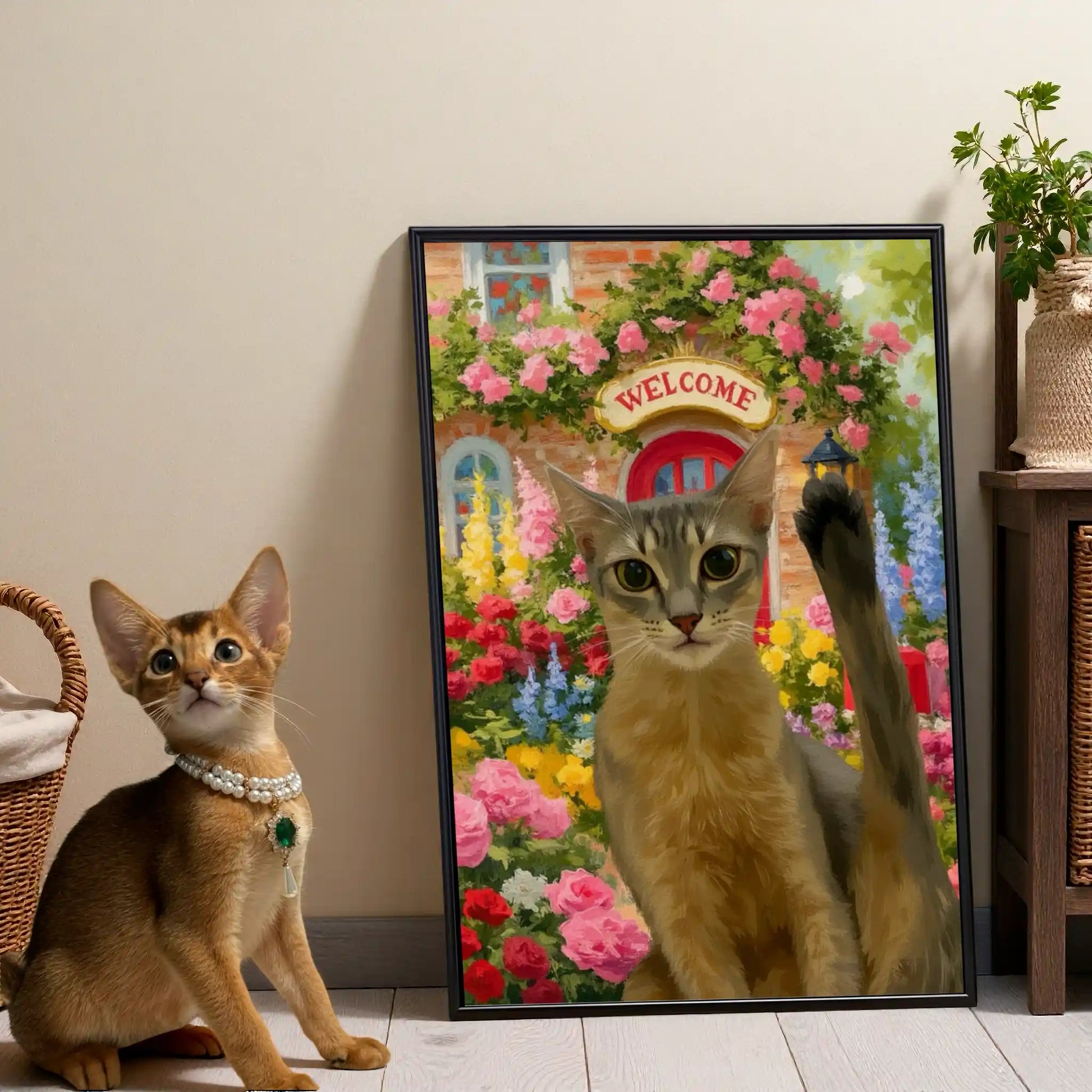 Custom pet portrait painting of a cat in a garden, next to a real cat. A personalized pet wall art gift.