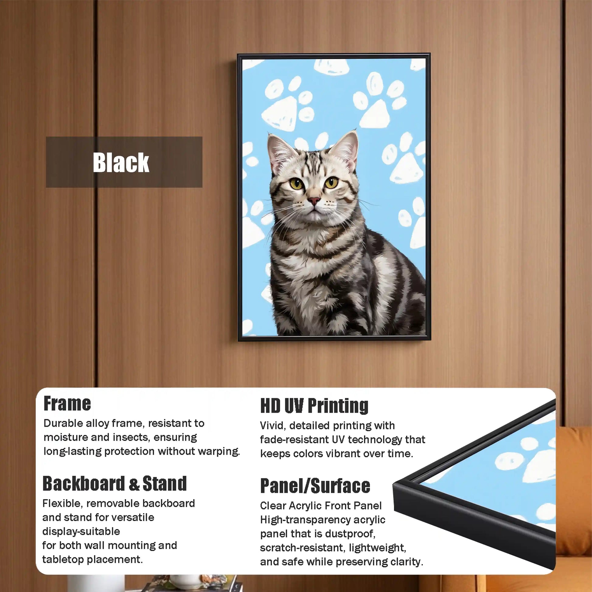 Black framed custom tabby cat portrait, personalized pet wall art gift, vibrant HD print for cat lovers.