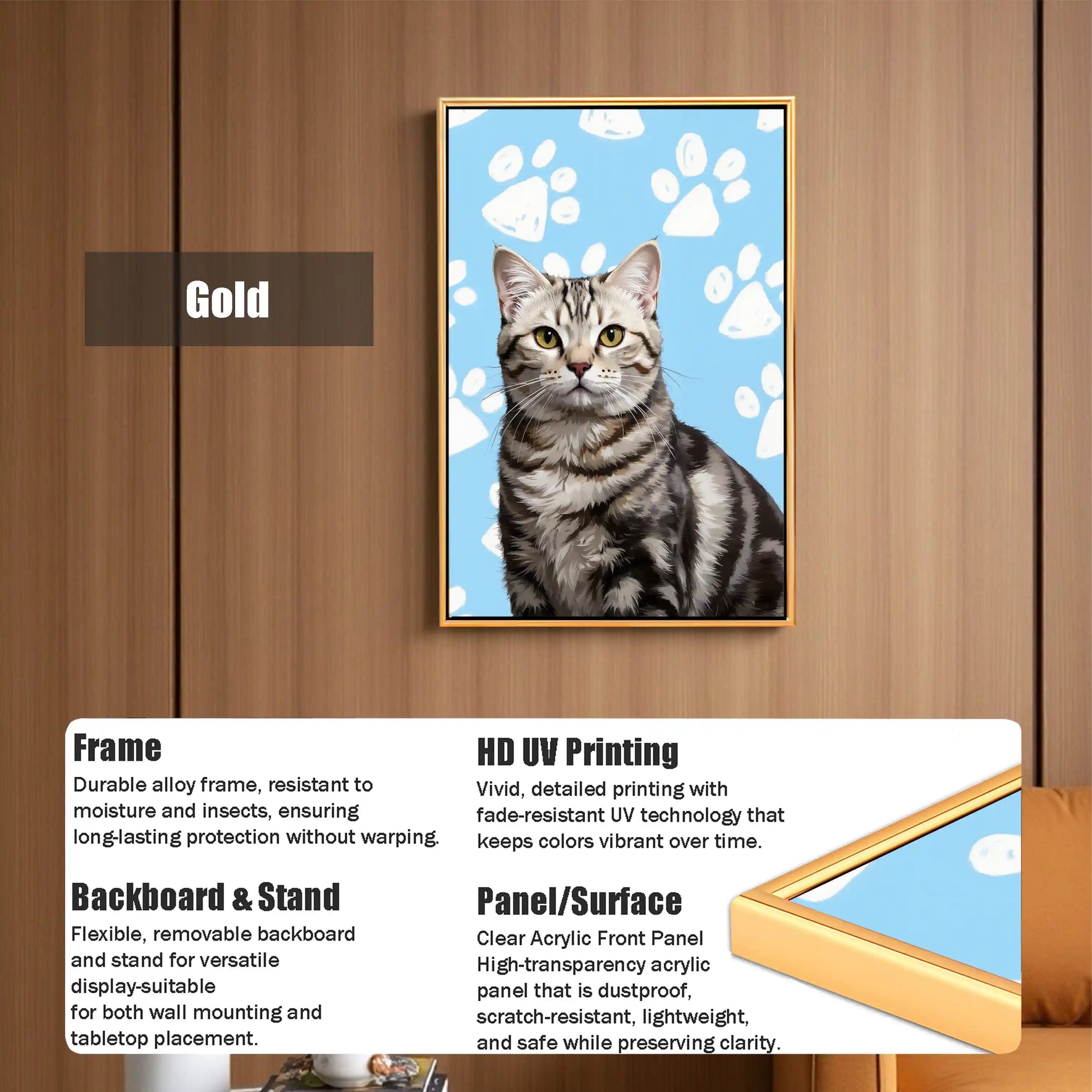 Personalized tabby cat portrait in gold frame. Custom pet art, unique pet wall art gift for cat lovers.