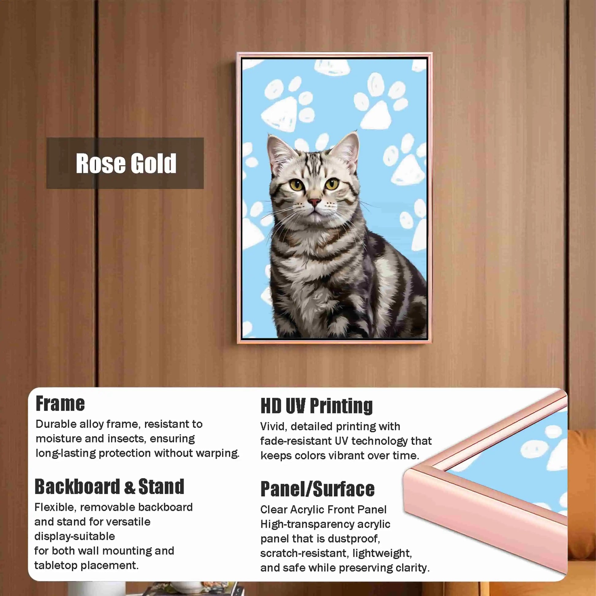 Personalized tabby cat portrait, custom pet painting, rose gold framed wall art gift.