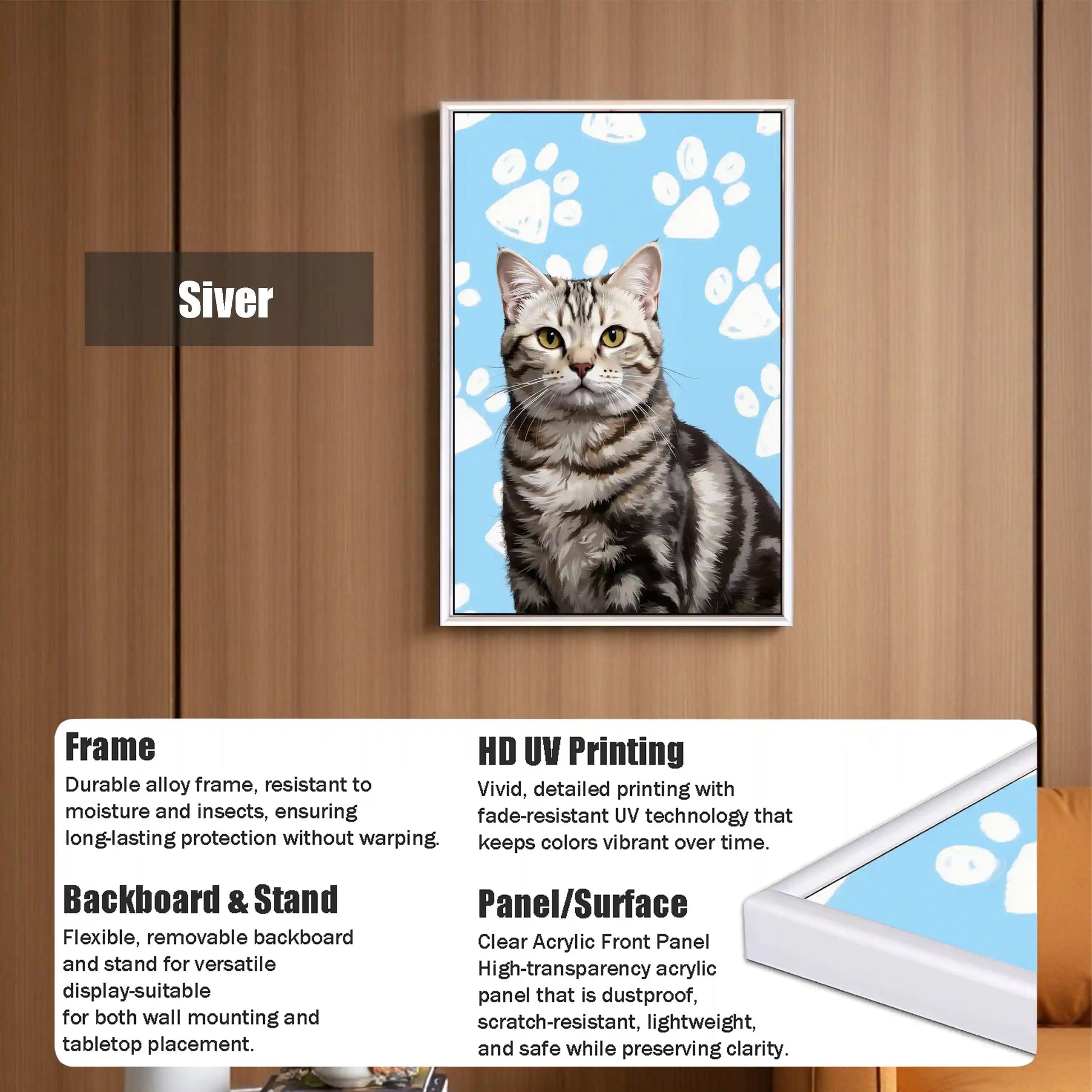 Custom framed tabby cat portrait, personalized pet painting, pet wall art gift with paw prints and durable frame.