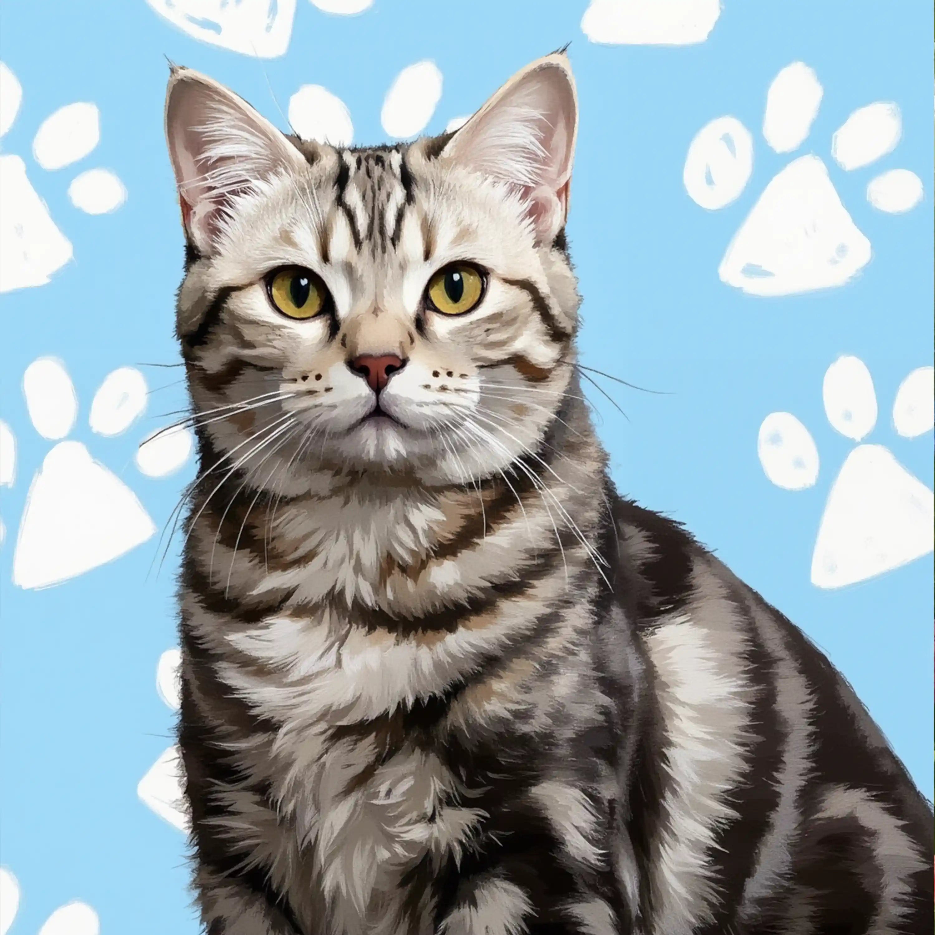Custom silver tabby cat portrait, personalized cat painting, pet wall art gift with paw prints.