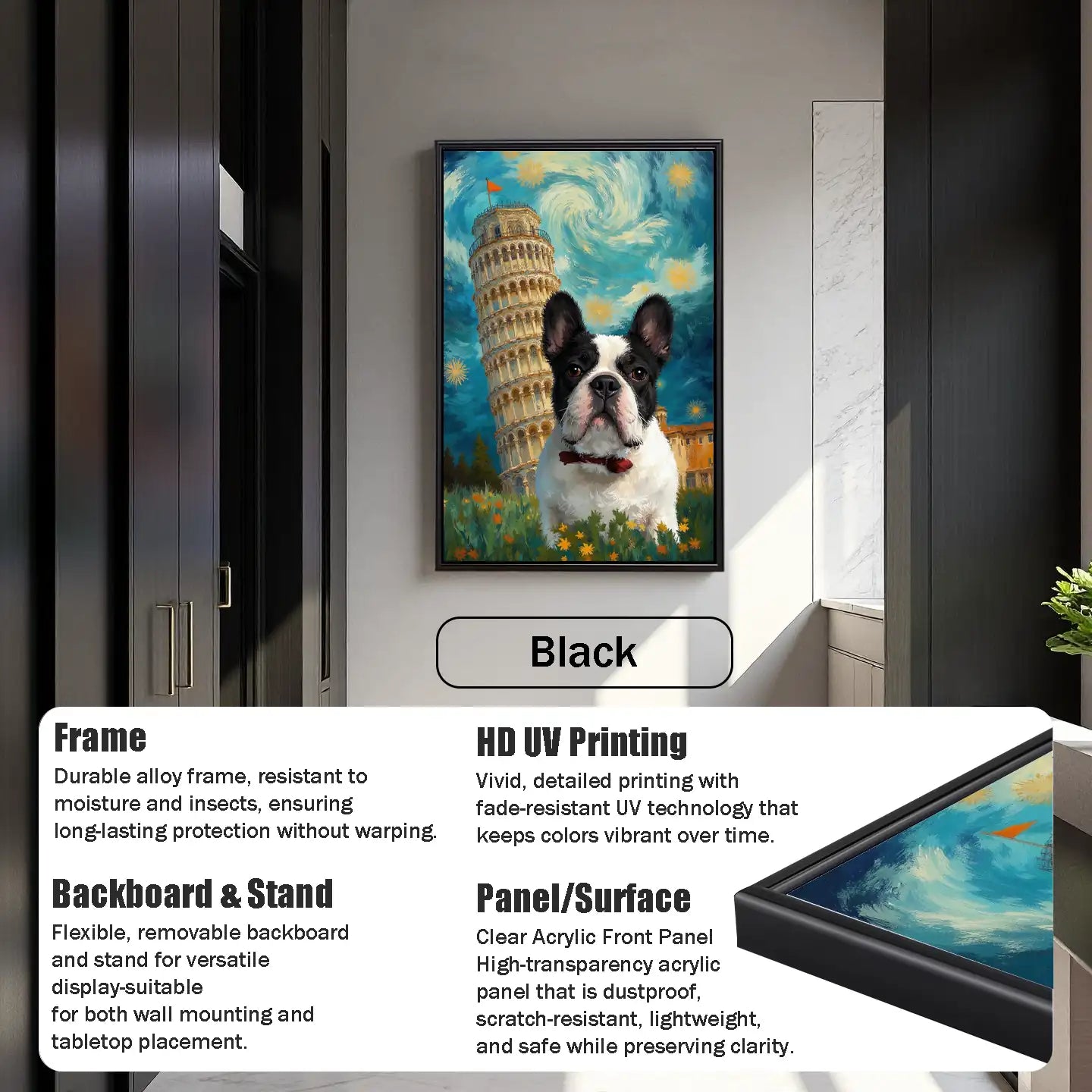 Black framed custom pet portrait of French Bulldog, personalized dog painting, unique pet wall art gift.
