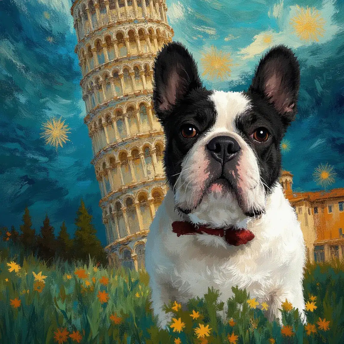 Custom pet portrait: French Bulldog painting, personalized dog wall art gift, Van Gogh style art.
