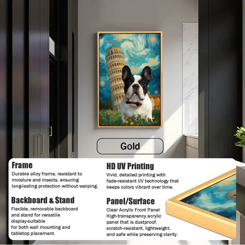 Custom French Bulldog pet portrait, personalized dog painting wall art gift in gold frame, Leaning Tower of Pisa.