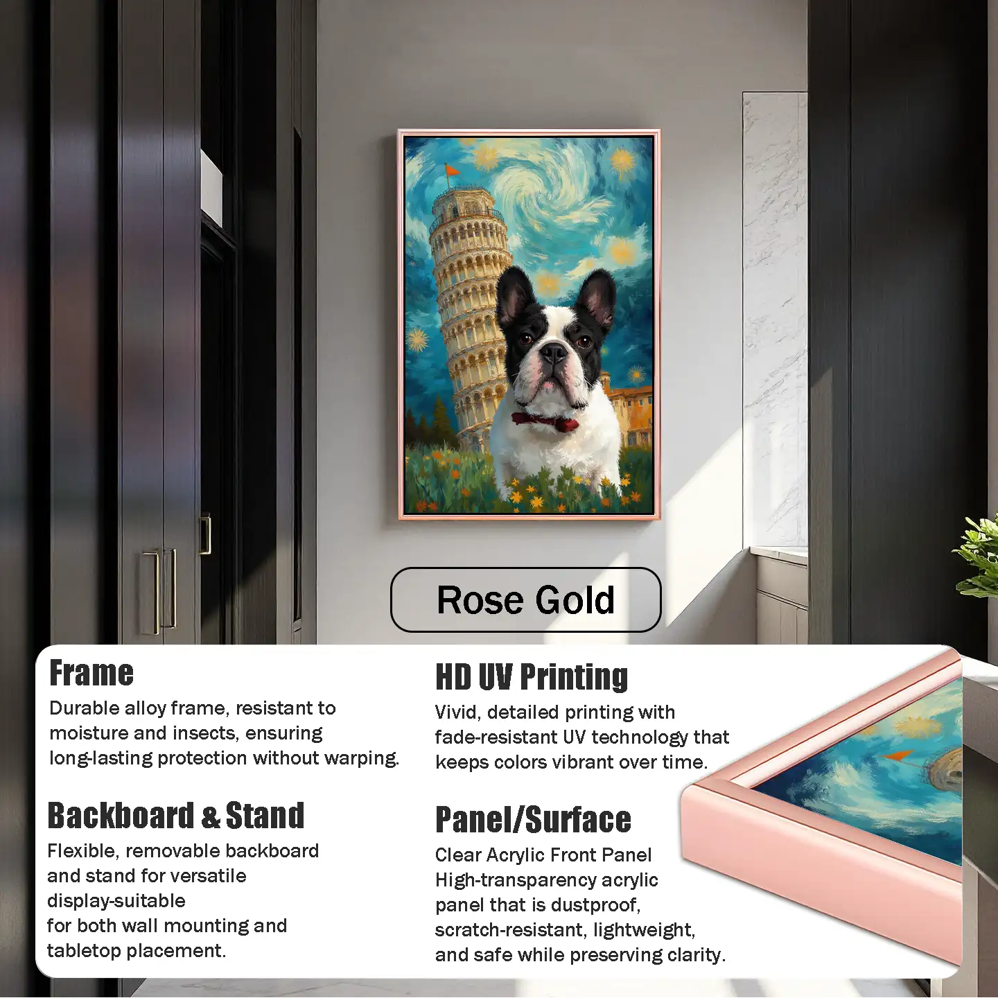 Rose gold framed custom French Bulldog pet portrait, personalized dog painting, Pisa art, pet wall art gift.