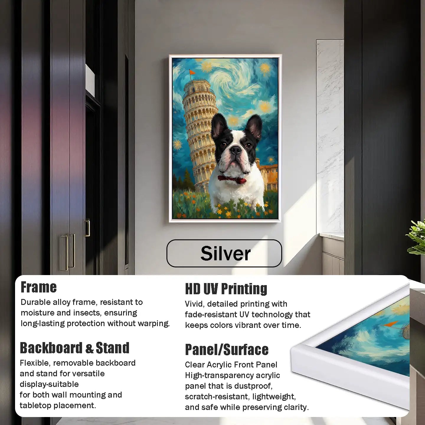 Custom French Bulldog portrait with Leaning Tower. Personalized dog painting, pet wall art gift, silver frame.