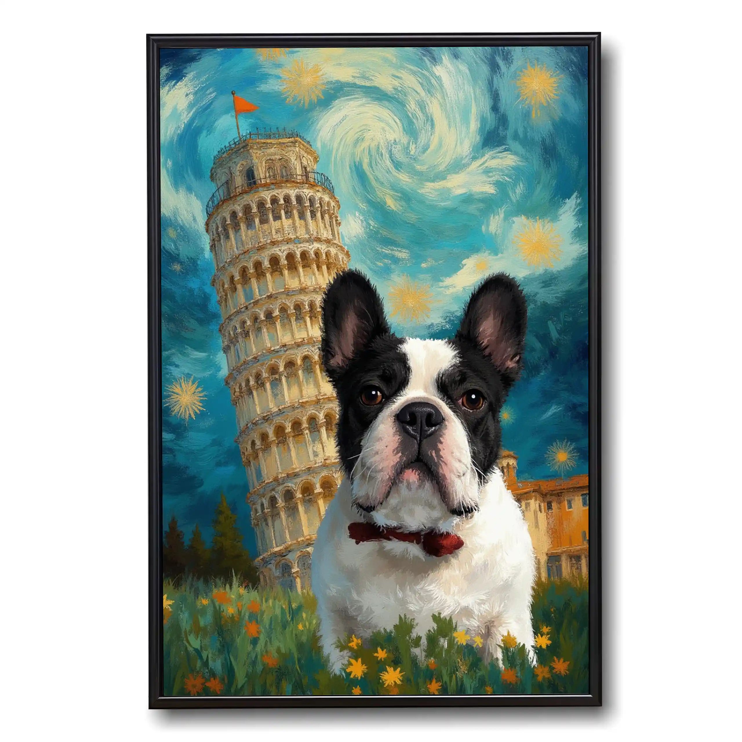 Custom French Bulldog pet portrait, Van Gogh style. Personalized dog painting with Pisa, great pet wall art gift.