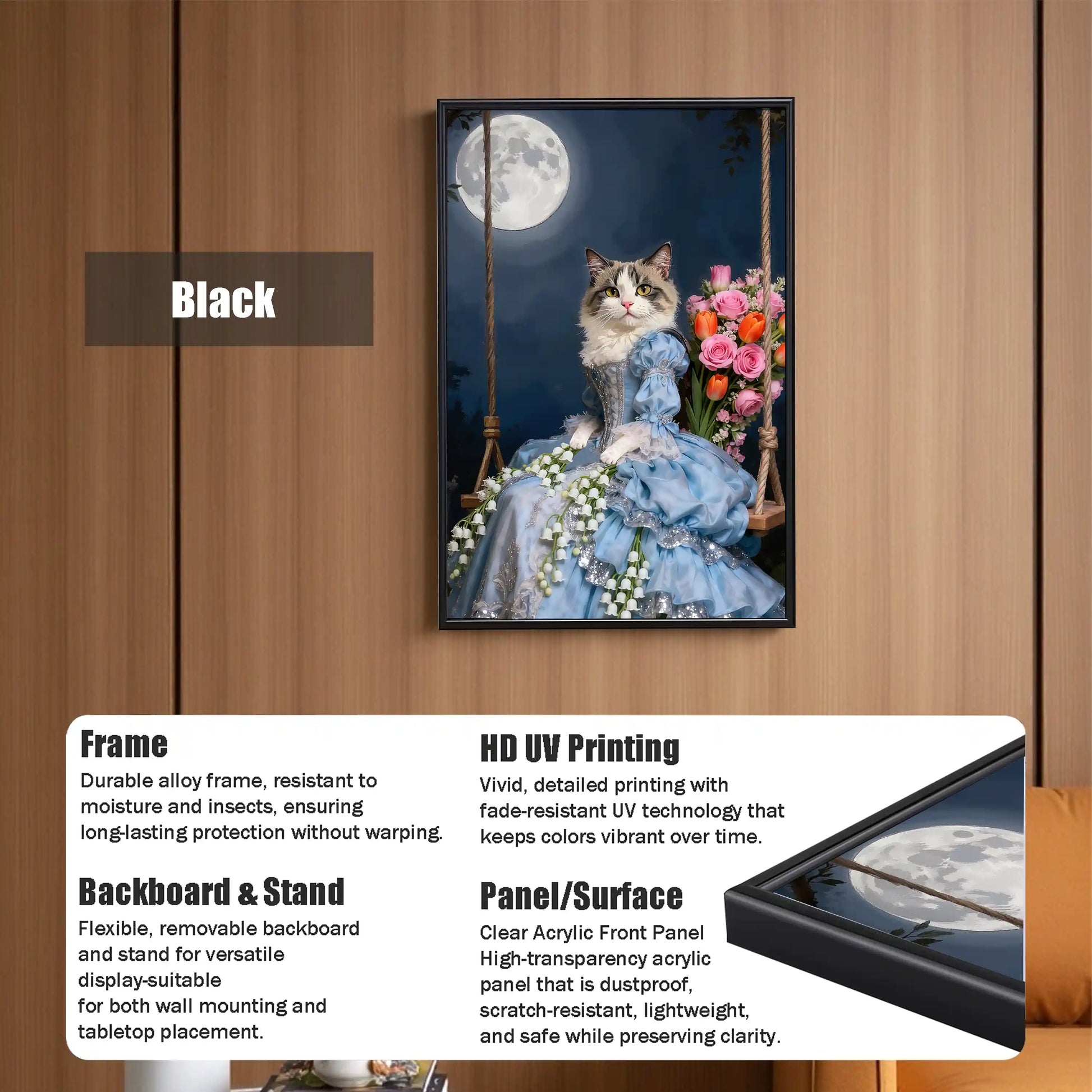 Luxury cat in princess dress framed wall art with black frame, full moon, flowers, HD UV print, and clear acrylic panel.