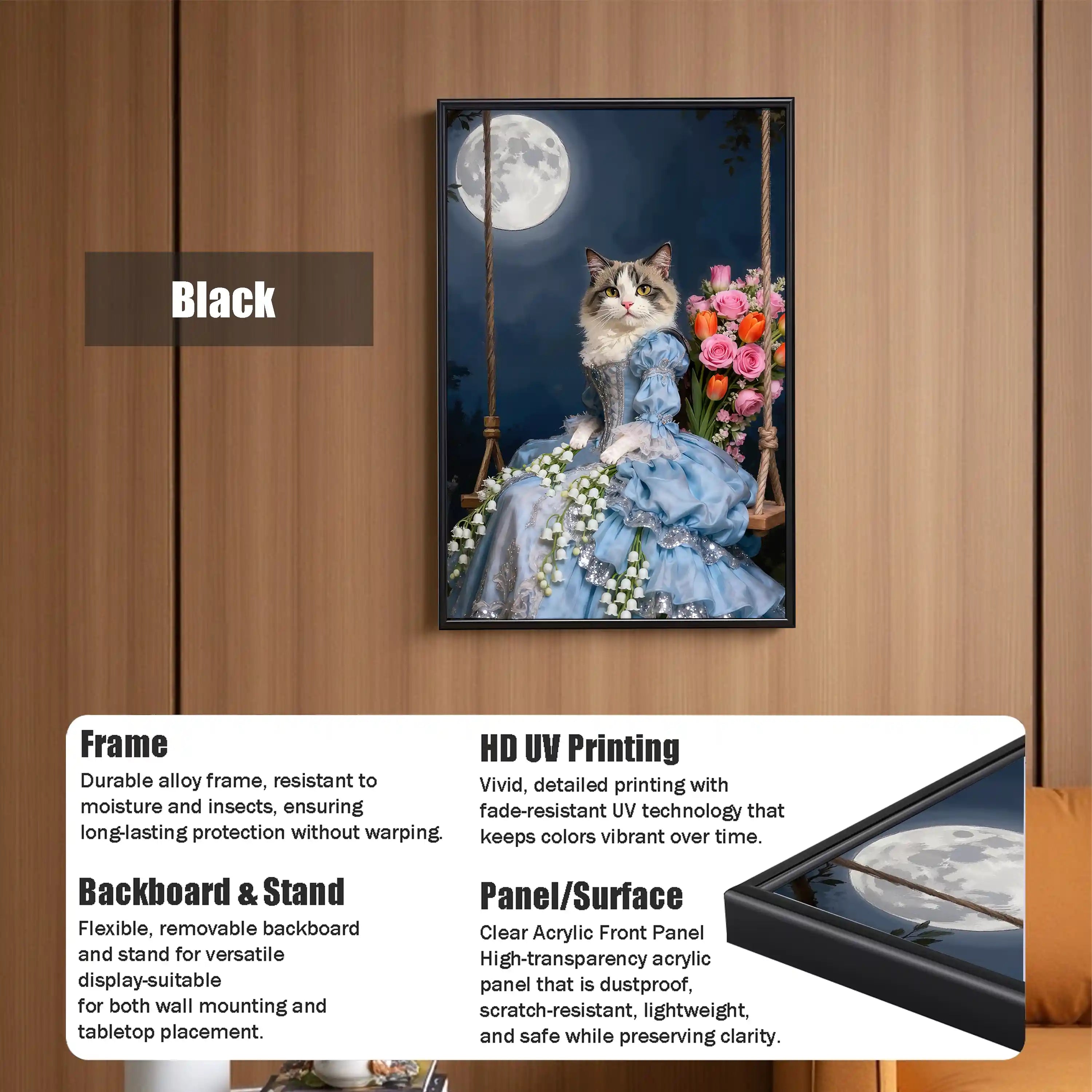 Luxury cat in princess dress framed wall art with black frame, full moon, flowers, HD UV print, and clear acrylic panel.