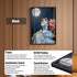 Luxury cat in princess dress framed wall art with black frame, full moon, flowers, HD UV print, and clear acrylic panel.