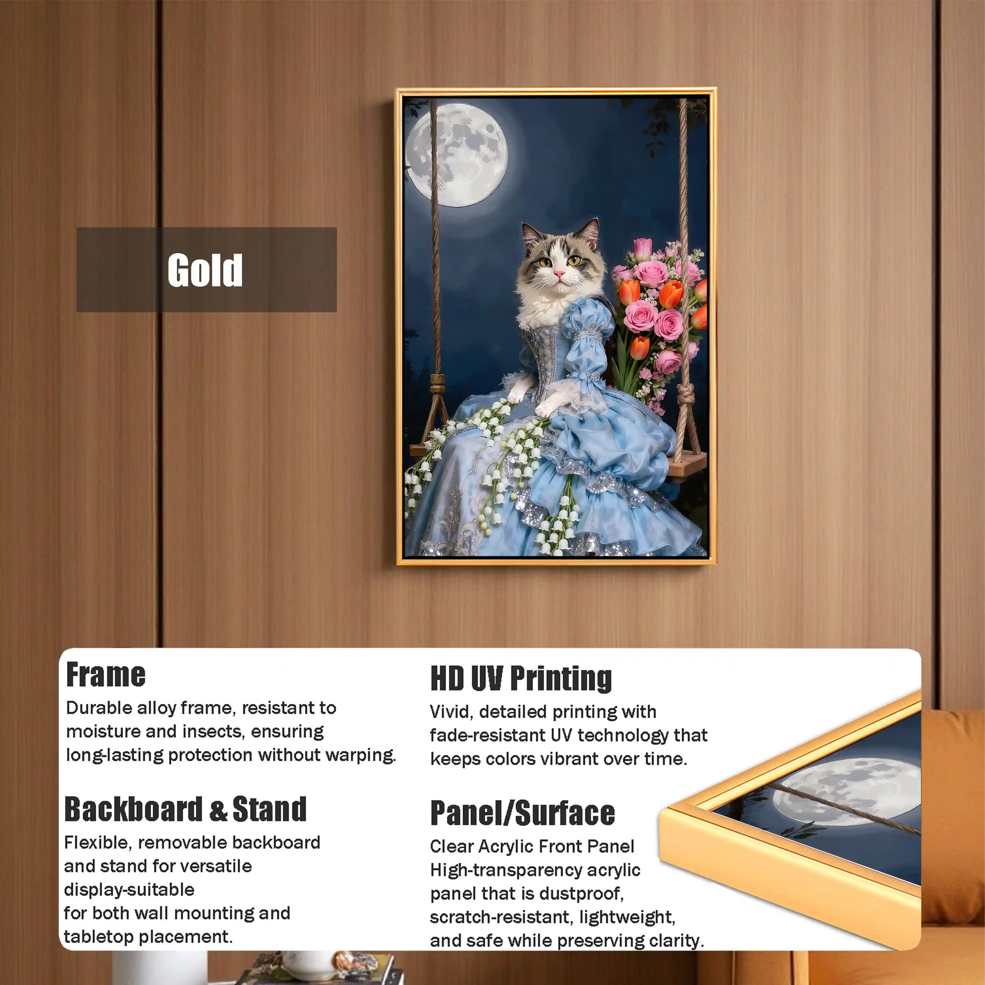 Gold framed whimsical cat art print featuring a cat in a blue dress on a swing under a moon with flowers, with clear acrylic panel and HD UV printing.