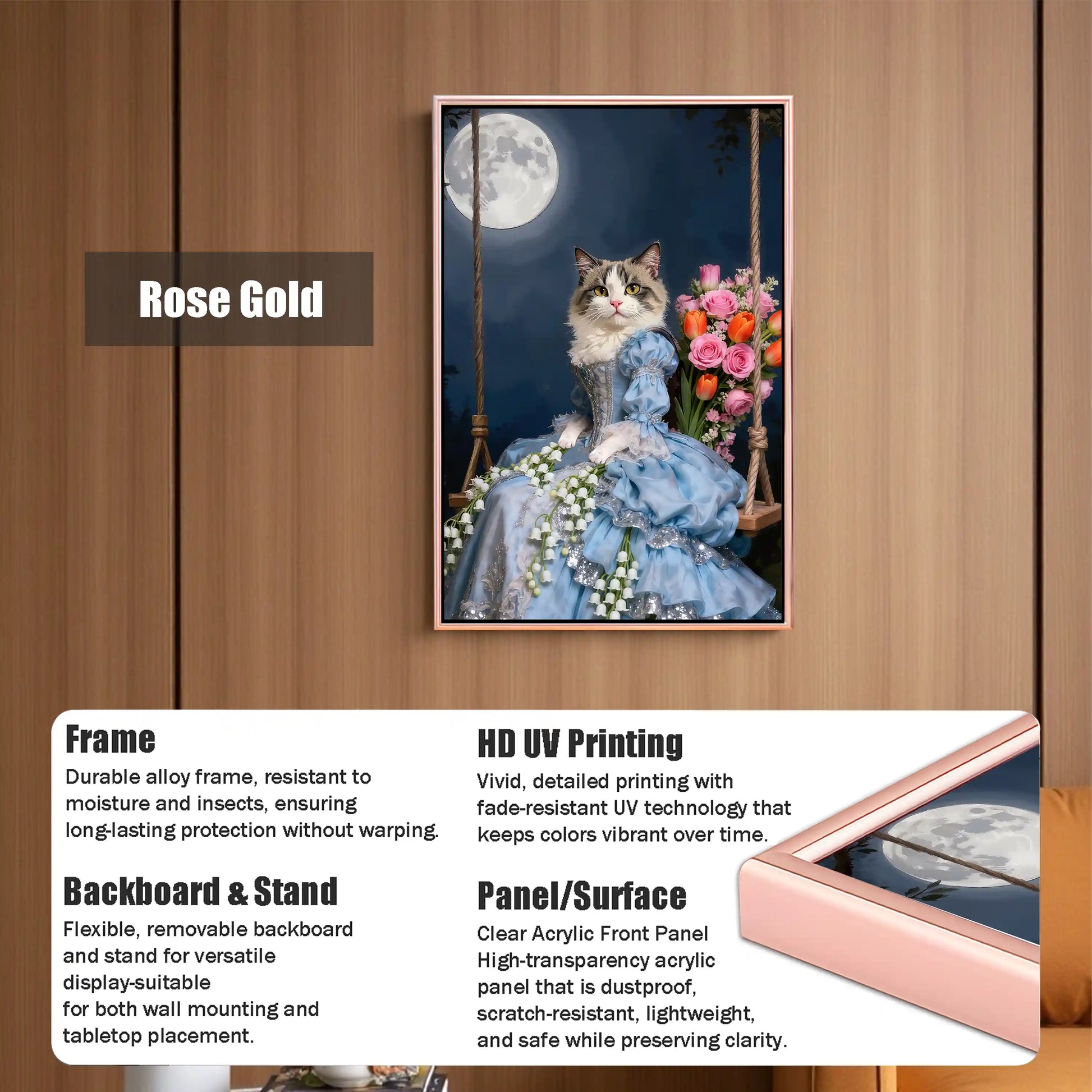 Rose gold framed canvas wall art featuring a cat in a princess dress sitting on a swing under a moonlit night, surrounded by colorful flowers, perfect for home decor.