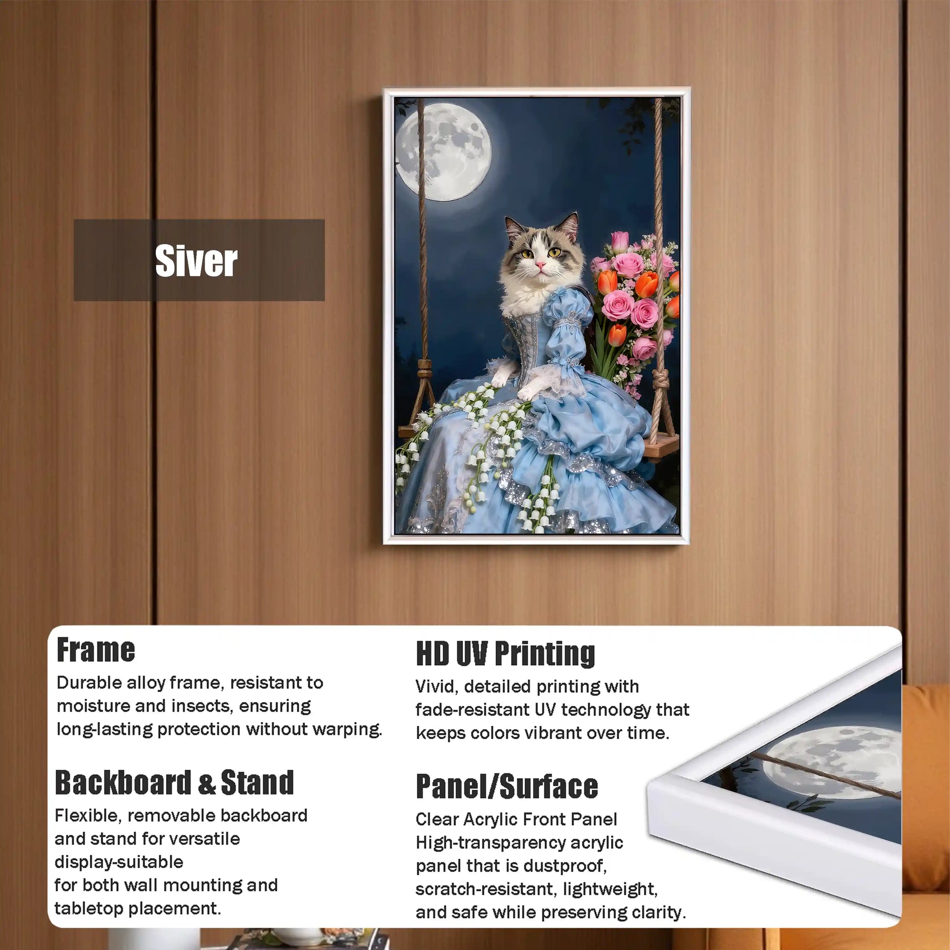 Siver Framed Cat Portrait Art Print, whimsical cat in blue dress on swing with moon and flowers, durable alloy frame with clear acrylic panel for wall or tabletop display.