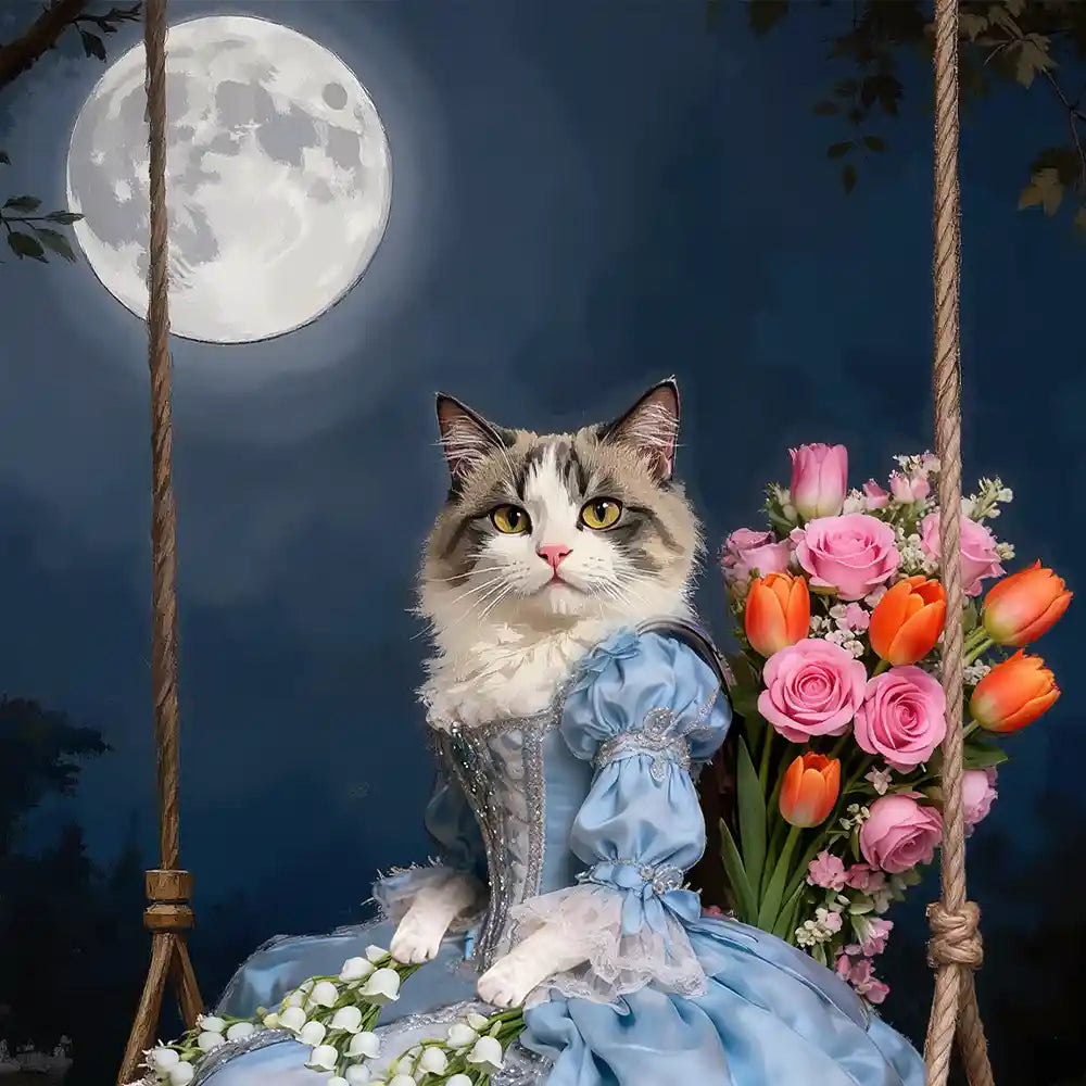 Regal cat in blue period gown on a swing under a full moon, with pink roses, orange tulips, and white lilies of the valley.