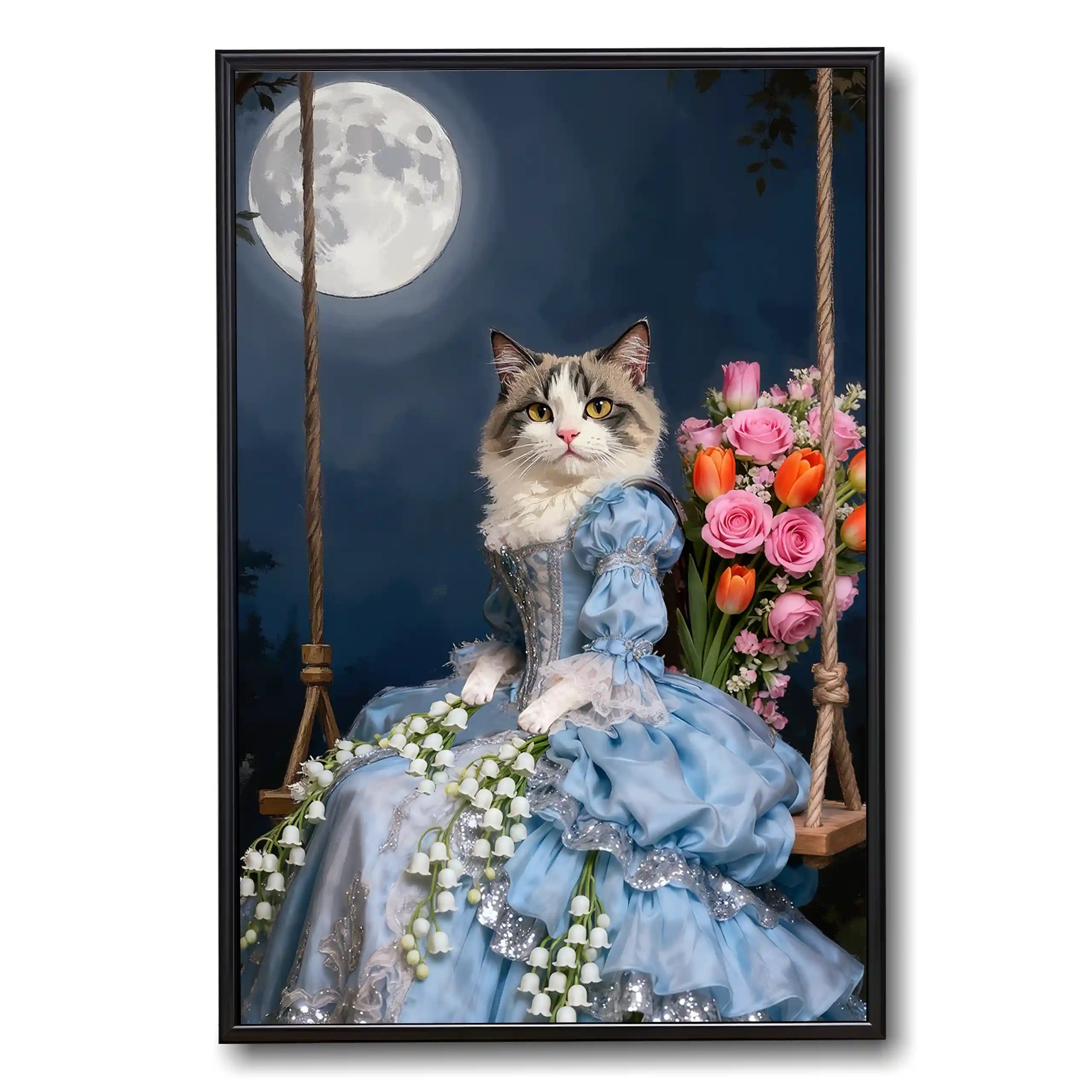 Princess cat portrait in blue gown on a swing, with lily of the valley and pink roses, under a full moon.