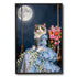 Princess cat portrait in blue gown on a swing, with lily of the valley and pink roses, under a full moon.