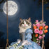 Regal cat in blue period gown on a swing under a full moon, with pink roses, orange tulips, and white lilies of the valley.