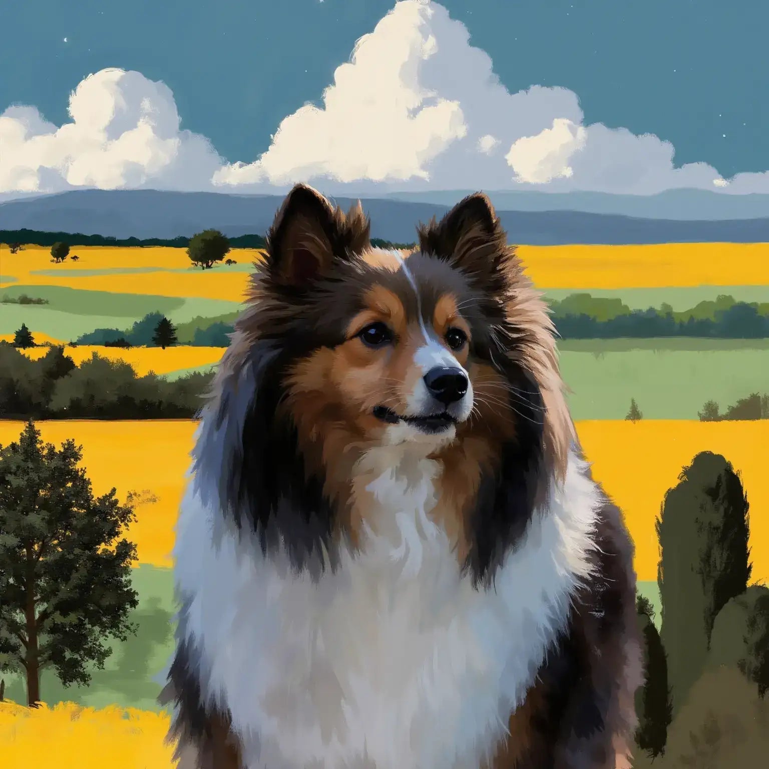Custom Sheltie dog portrait in a field. Personalized pet painting, unique dog wall art gift.