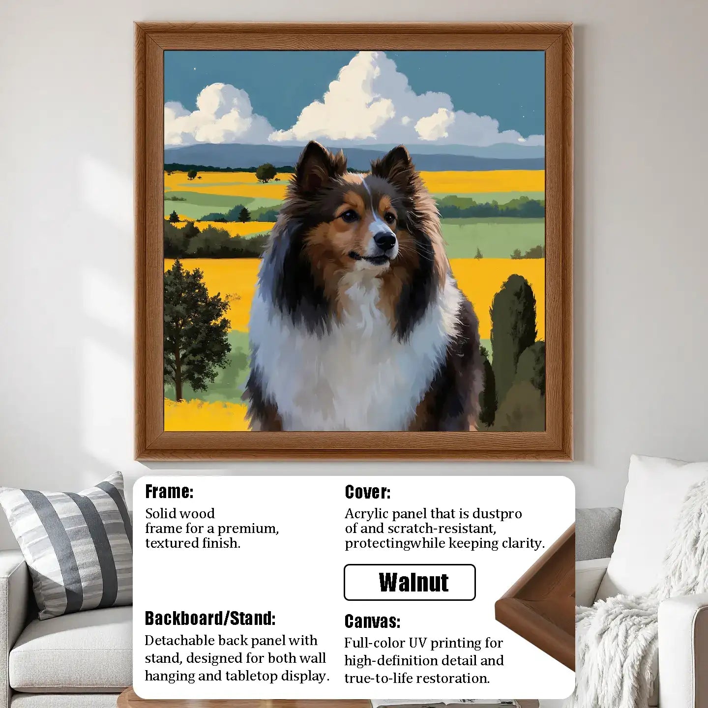 Personalized dog painting: custom Sheltie portrait in solid wood walnut frame, perfect pet wall art gift.