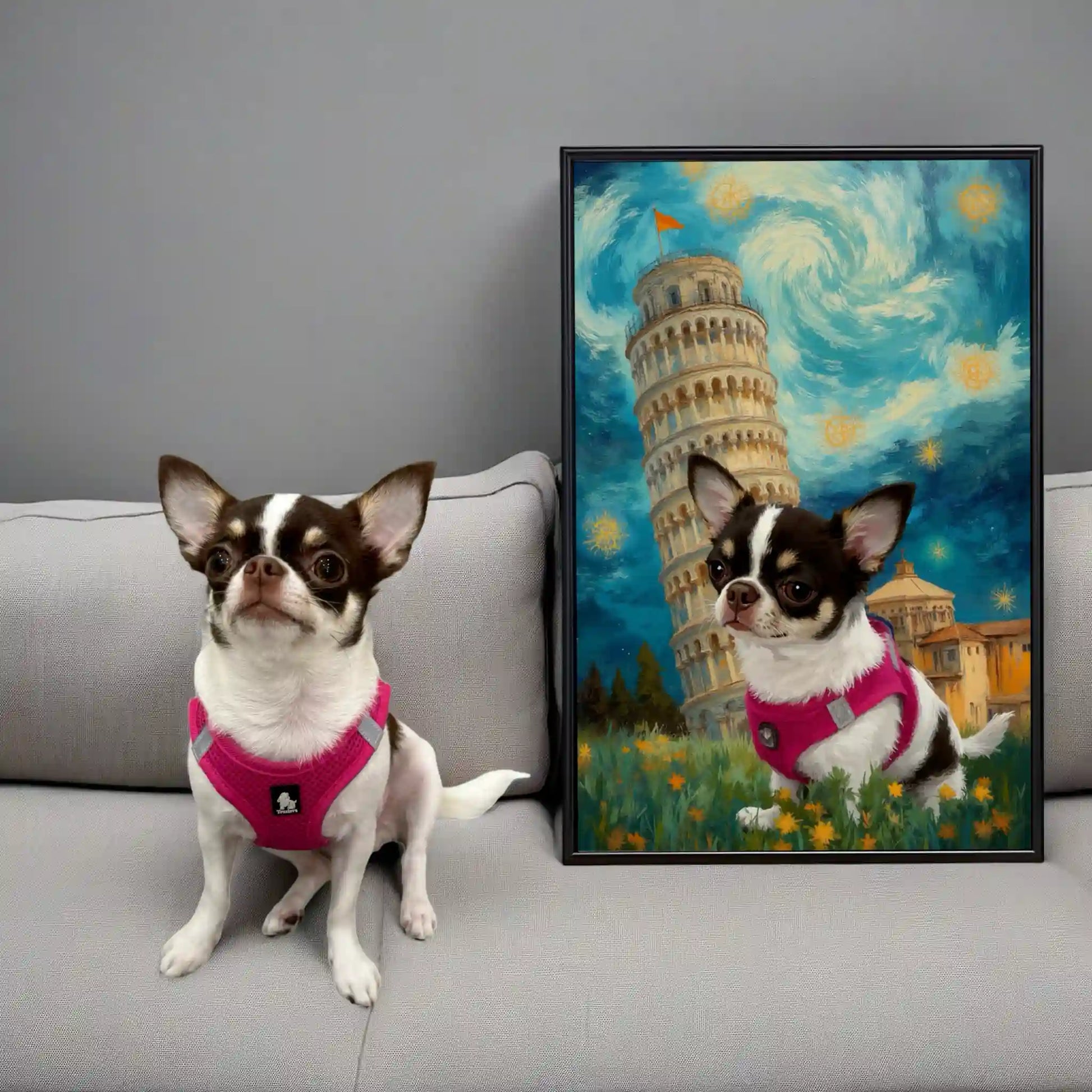 Custom chihuahua pet portrait painting in Leaning Tower of Pisa Starry Night style. Personalized dog wall art gift.