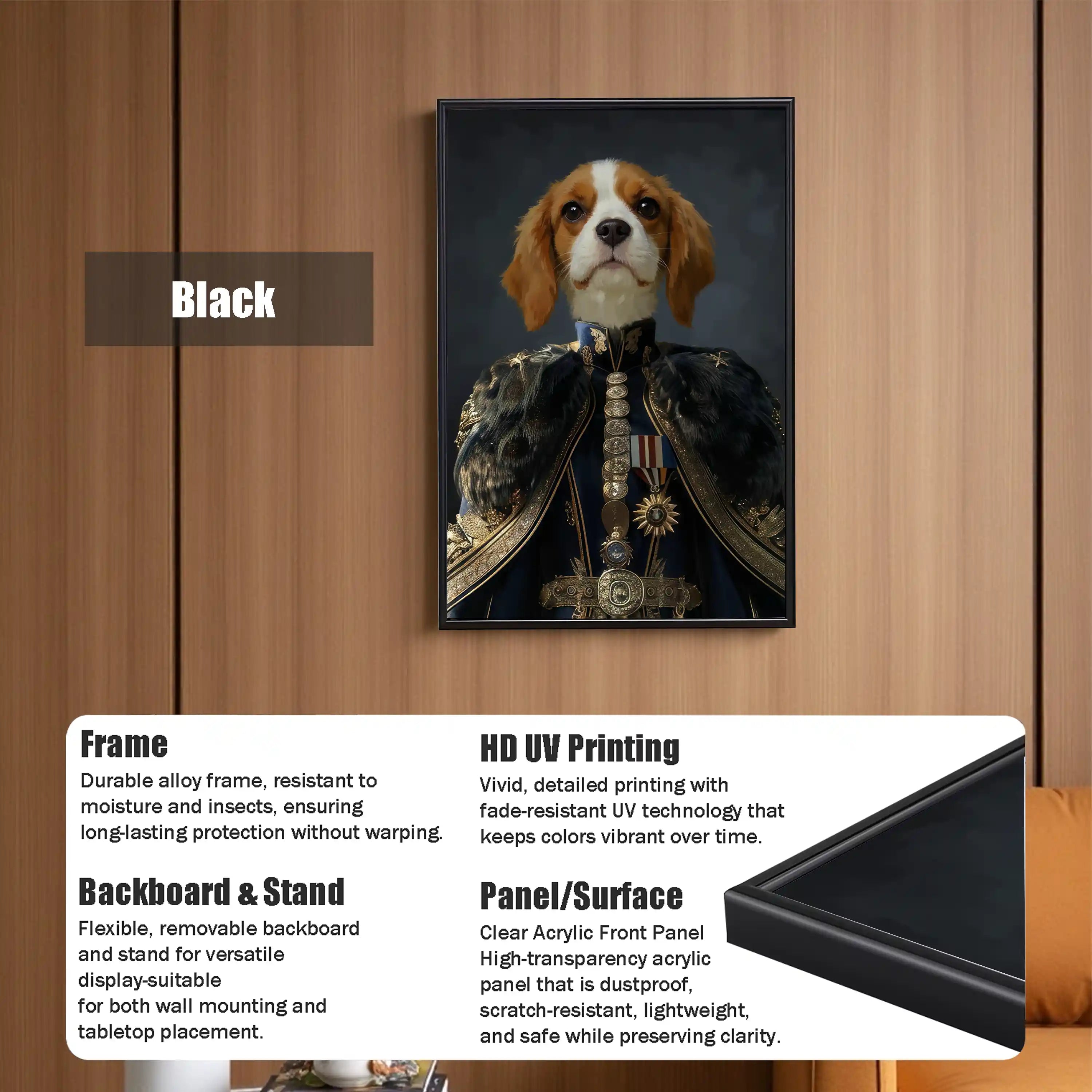 Custom Renaissance pet portrait of a Cavalier King Charles Spaniel dog in a general's uniform, displayed in a black frame with HD UV printing and a clear acrylic panel, suitable for wall or tabletop.