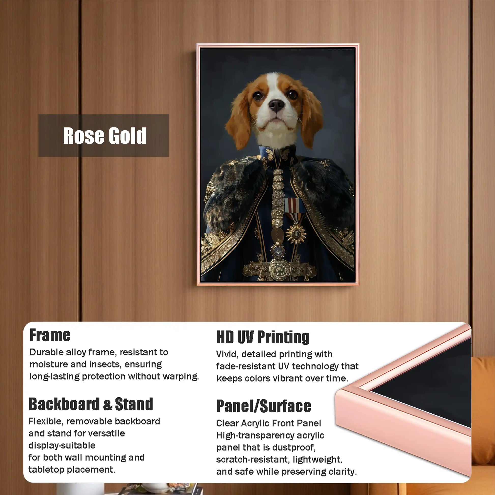 Personalized Royal Dog Portrait of a Cavalier King Charles Spaniel in a military uniform, displayed in a Rose Gold frame, featuring durable alloy construction, HD UV printing, and a clear acrylic front panel for wall mounting or tabletop display.