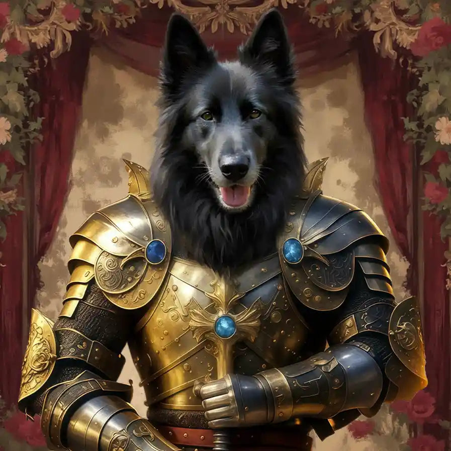Black dog in ornate golden and black knight armor with blue gems, fantasy portrait.