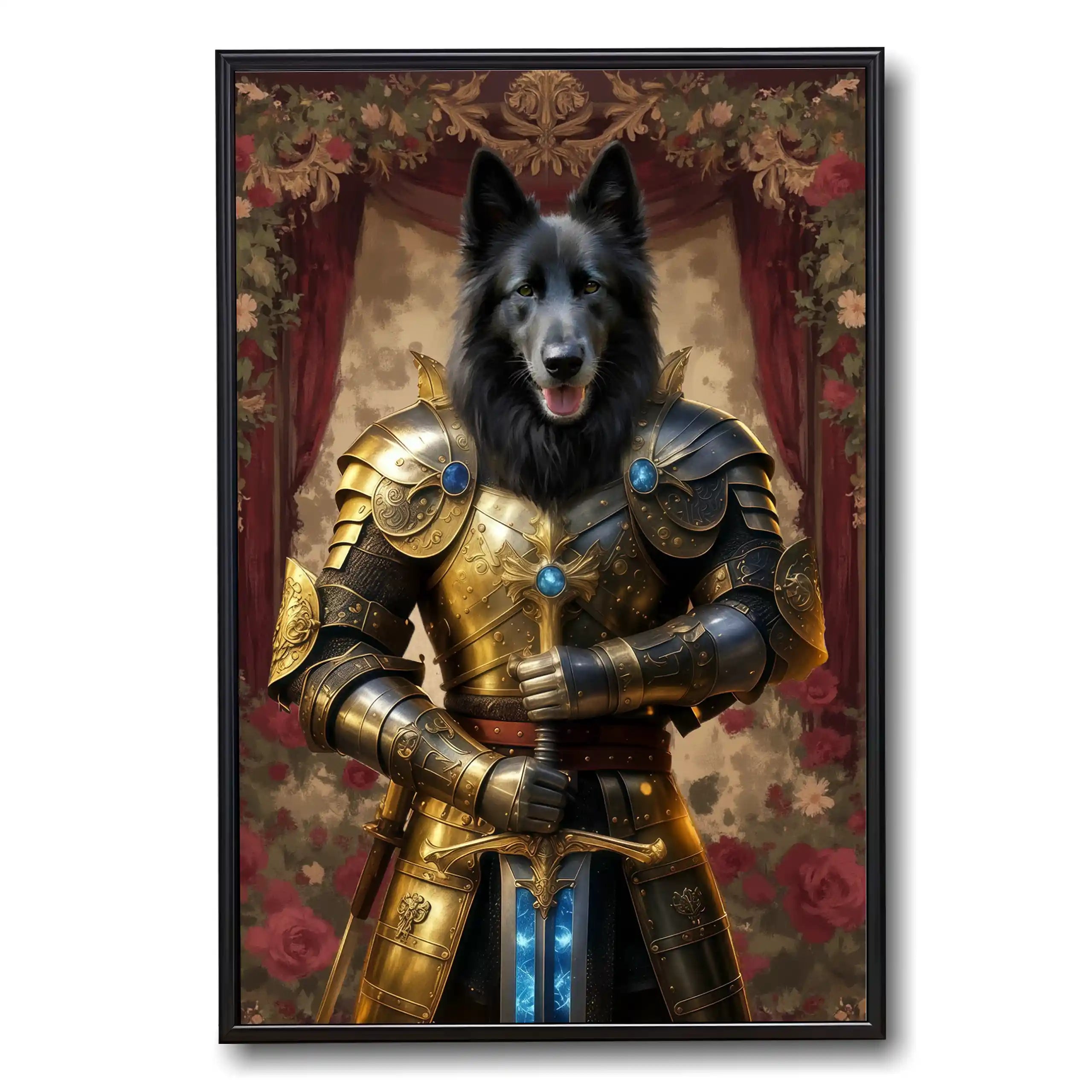Regal black dog knight portrait in golden and black armor, holding a glowing blue sword, against a red floral backdrop.