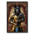 Regal black dog knight portrait in golden and black armor, holding a glowing blue sword, against a red floral backdrop.