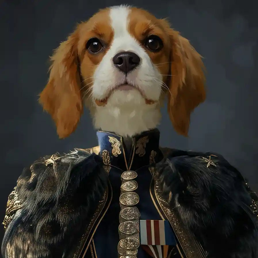 Regal Cavalier King Charles Spaniel portrait in ornate blue and gold military uniform with fur and medals.