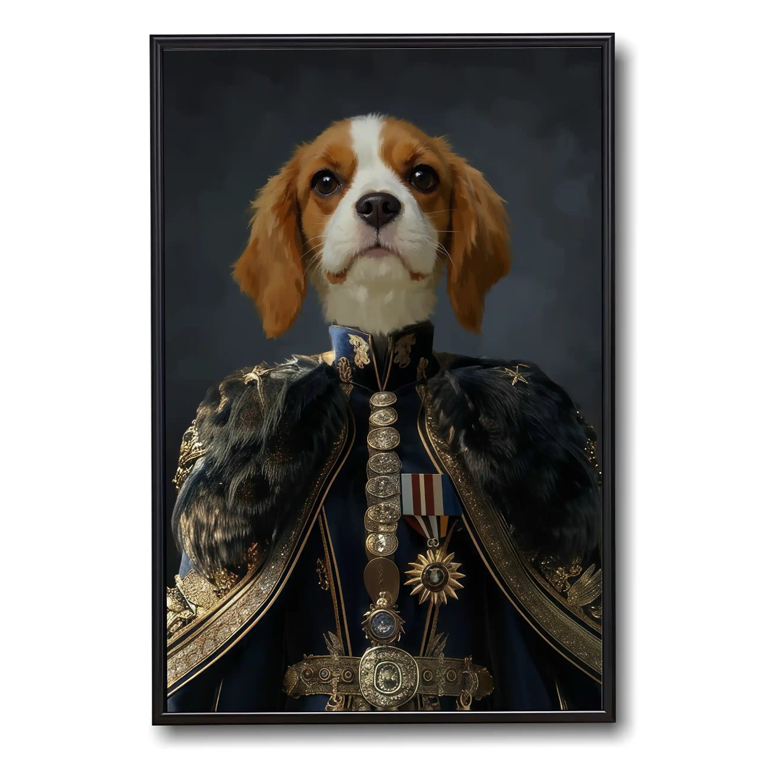 Framed royal pet portrait of a Cavalier King Charles Spaniel dog in a regal blue uniform with gold embroidery and fur details.