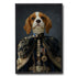 Framed royal pet portrait of a Cavalier King Charles Spaniel dog in a regal blue uniform with gold embroidery and fur details.