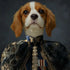 Regal Cavalier King Charles Spaniel portrait in ornate blue and gold military uniform with fur and medals.