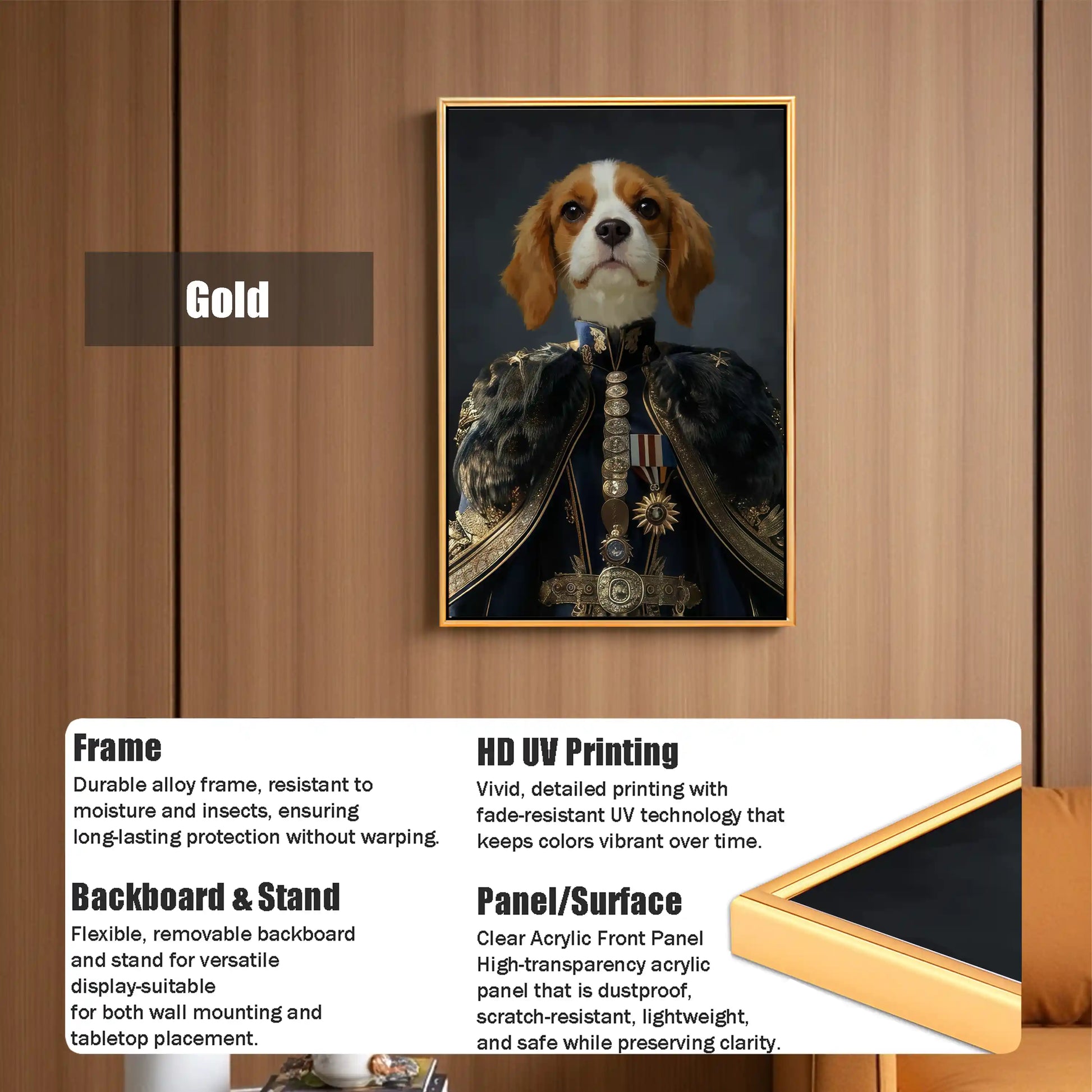 Regal Cavalier King Charles Spaniel dog portrait in a military uniform, framed in a gold alloy frame, featuring HD UV printing and a clear acrylic panel for wall or tabletop display.
