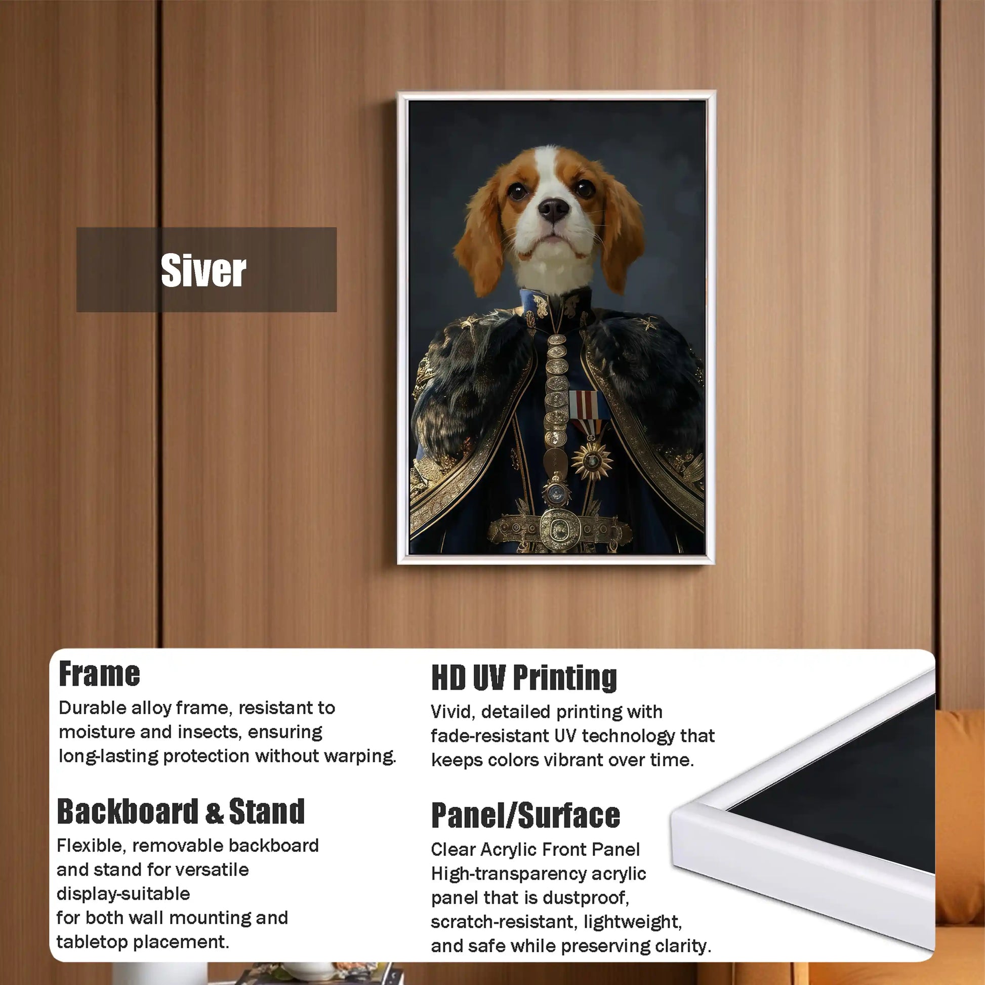 Custom Renaissance pet portrait painting featuring a Cavalier King Charles Spaniel in a general's uniform, framed in white with durable alloy and acrylic panel; high-quality HD UV printing and versatile display for wall or tabletop. Perfect dog lover, pet owner, or memorial gift.