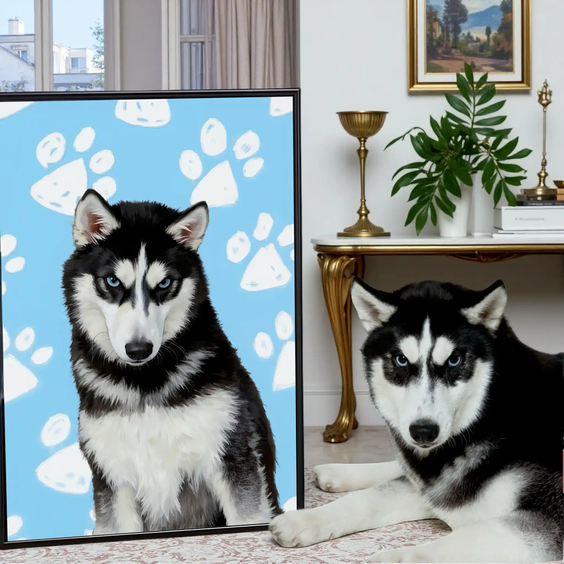 Husky admiring its custom pet portrait and personalized dog painting, a perfect pet wall art gift.