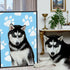 Husky admiring its custom pet portrait and personalized dog painting, a perfect pet wall art gift.